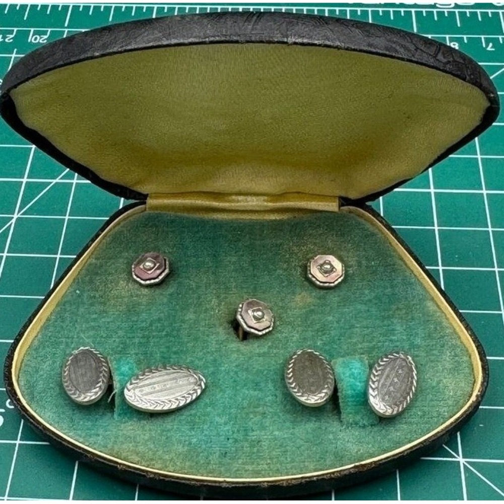 Vintage German Silver Oval Cufflink Set Pearl Abalone Clam Shell Case